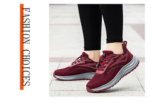 Detailed view of maroon knit walking shoes with adjustable lace toggles on a model's feet