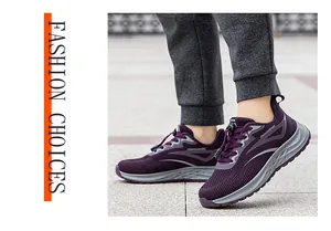 Close-up view of purple breathable flyknit walking shoes for men shown on foot outdoors