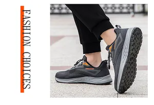 Action shot of men's grey breathable fly-woven running shoes in a casual outdoor setting