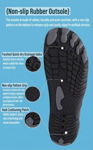 Detailed view of the anti-slip rubber sole and drainage holes of five-finger wading shoes
