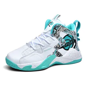 Scarpe da basket alte in pelle bianca e turchese con motivi grafici di onde