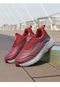 Macro view of wine red elderly slip-on walking shoes featuring faux leather upper details