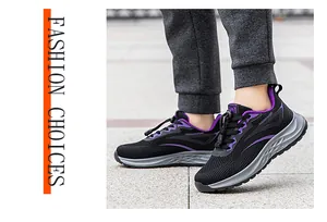 Detail view of men's breathable black and purple flyknit sneakers for walking and running