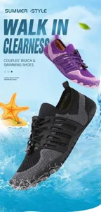 Breathable mesh water shoes with quick-dry sole in a water splash scene