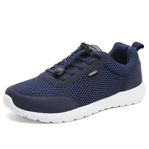 Breathable navy blue men's walking shoes with mesh upper and lightweight white sole
