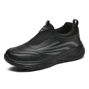 All-black slip-on leather walking shoes for seniors with non-slip cushioned soles.