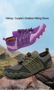 Breathable mesh water shoes with five-toe design and quick-lace system for outdoor hiking.