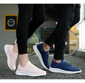 Pink and navy blue knit sock sneakers with breathable mesh for men and women