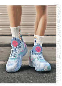 Blue and white tie-dye basketball shoes with breathable mesh and pink accents on foot