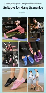Breathable mesh five-finger water shoes displayed in gym, running, and beach scenarios.