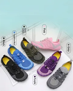 Detailed view of quick-dry water shoes for men and women in various vibrant colors