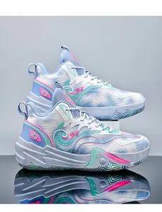 Side view of stylish light blue basketball shoes with pink and teal wave details