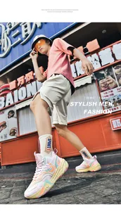 Detailed side view of colorful unisex basketball shoes with breathable mesh and EVA sole