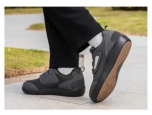 Close-up view of grey breathable mesh walking shoes with easy velcro straps for seniors