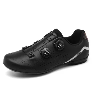 Professional black cycling shoes with dual rotary buckle closure and breathable upper