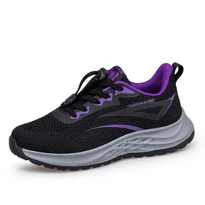 Comfortable black and purple fly-knit breathable running shoes for men with toggle laces