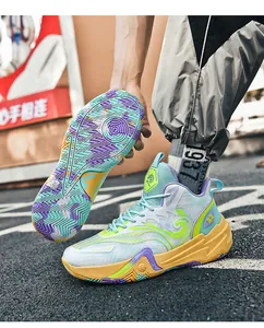 Detailed close-up of colorful basketball shoes showing patterned outsole and texture