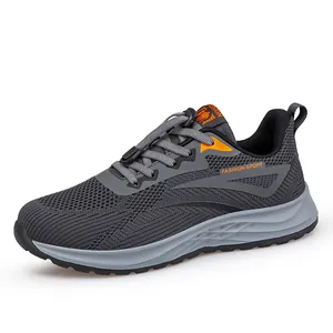 Men's grey breathable fly-knit mesh running sports shoes with vibrant orange accents
