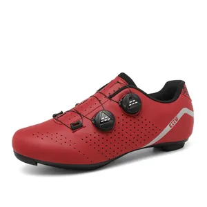 Professional red cycling shoes with dual rotary buckle closure and breathable upper