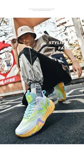 Close-up of stylish contrast color basketball shoes with breathable mesh and EVA foam