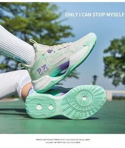 High-quality detail view of mint green breathable mesh basketball shoes with '23' print