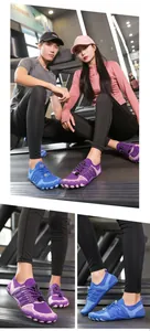 Couple wearing breathable fly-knit water shoes with five-finger soles in a gym setting