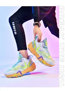 Close-up of colorful mesh basketball shoes with '23' print and orange non-slip sole.