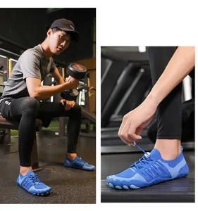 Detail view of breathable blue flyknit wading shoes with quick-lace system in gym