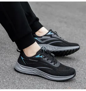 Close-up of black breathable fly-knit mesh running sneakers for men and women