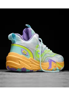 Close-up of colorful mesh basketball shoe with chunky textured sole and 23 heel detail