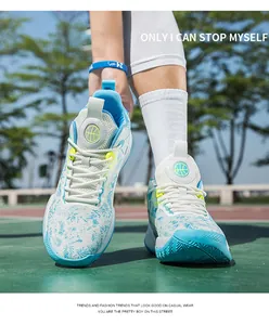 Detailed view of breathable mesh low-top basketball shoes with MD sole in vibrant blue
