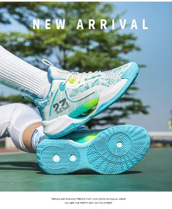 Detailed view of blue and white breathable mesh basketball shoes showing outsole