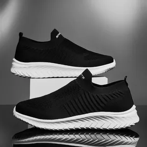 Black breathable knit slip-on sock sneakers for men and women with white wavy sole