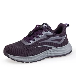 Breathable purple mesh sneakers for men and women featuring a convenient quick-lace system