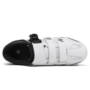 Professional white and black cycling shoes with ratchet buckle and triple straps