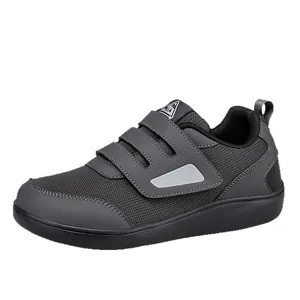Breathable grey mesh walking shoes with triple velcro straps for men and women