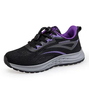 Breathable black and purple fly-knit mesh running shoes for lightweight daily sports