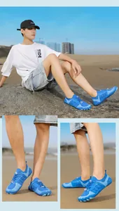 Blue breathable mesh water shoes for beach and swimming, shown from multiple angles