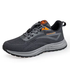Breathable grey fly-knit mesh walking shoes with a premium lightweight cushioned sole
