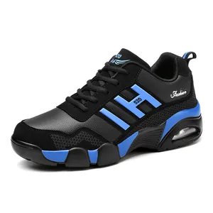 Stylish black and blue athletic running shoes with comfortable air cushion and leather finish