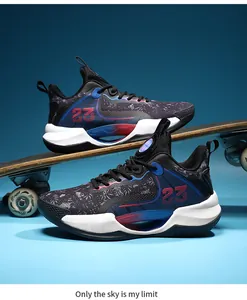 Side view of multi-color low-top breathable basketball shoes displayed on a skateboard