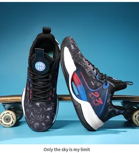 Detail view of multi-color breathable mesh basketball shoes displayed on a blue skateboard.