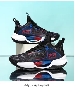 Close-up of black breathable basketball shoes with red 23 and blue accents