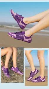 Close-up detail showing breathable purple flyknit five-finger water shoes for beach sports