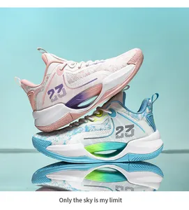 Side view detail of breathable low-top basketball shoes in asymmetrical pink and blue colors