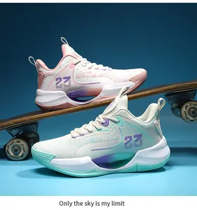 Pair of breathable mesh basketball shoes on a skateboard with motivational quote