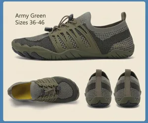 Detailed views of army green breathable fly-knit wading shoes for water sports