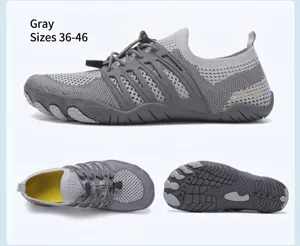 Multi-angle views of grey breathable water shoes with anti-slip rubber soles.