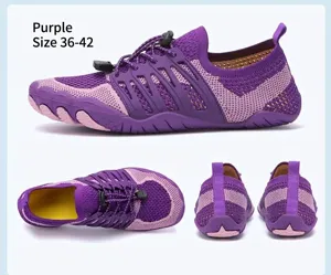 Multi-angle detail of purple breathable mesh water shoes for beach and swimming use