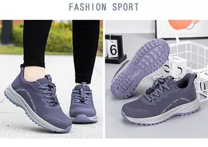 Breathable purple mesh walking shoes for seniors featuring flexible non-slip gray outsoles